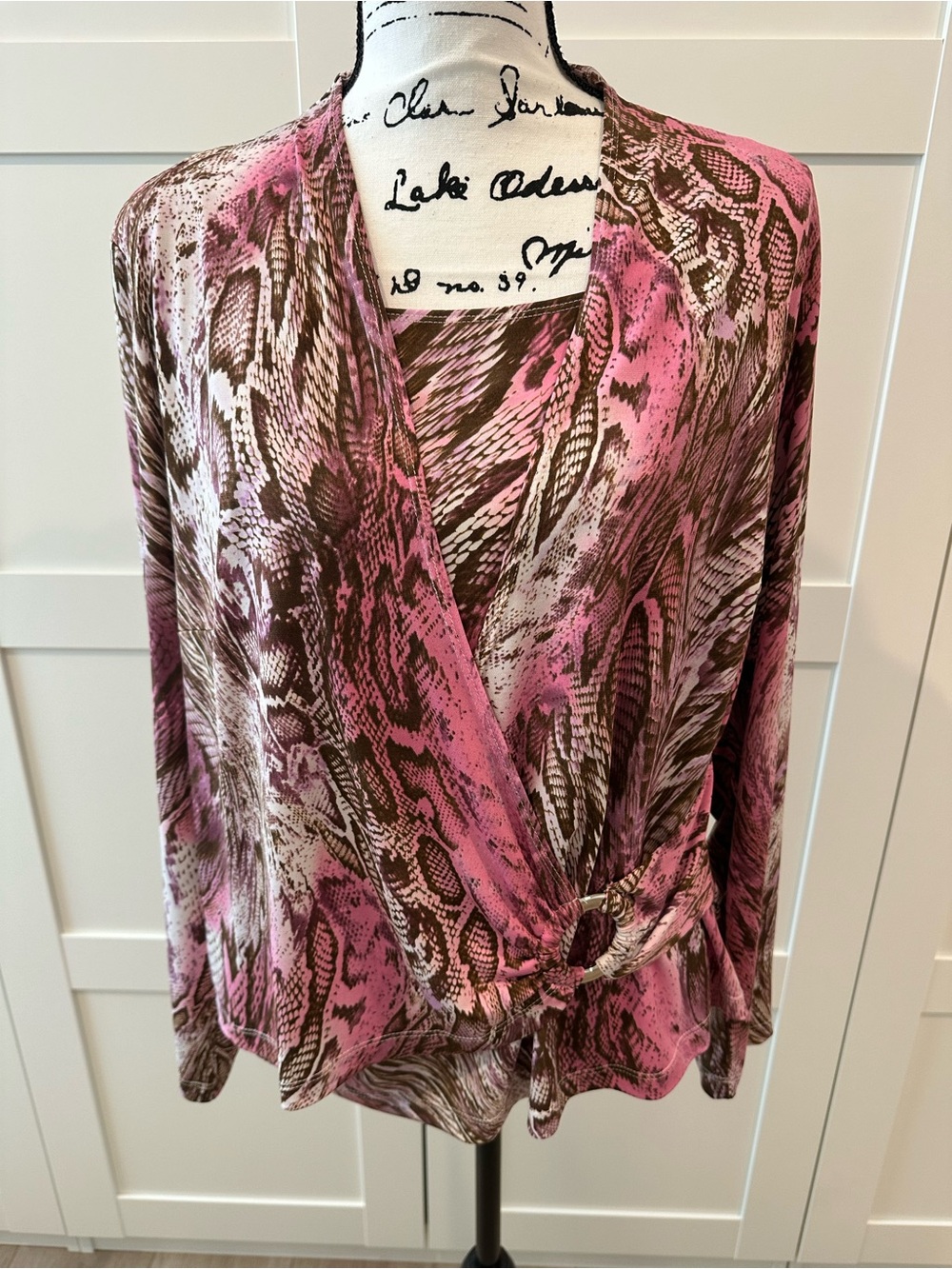Pink and Brown Snake-Print Wrap Top - Women's - Picture 2 of 6